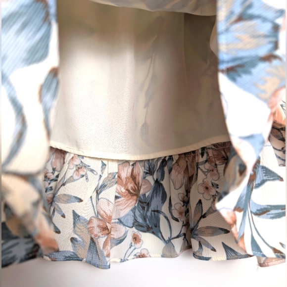 J.O.A. Ivory, Blue, Pink Floral Faux Wrap Ruffle Skirt Size Medium - Picture 3 of 7